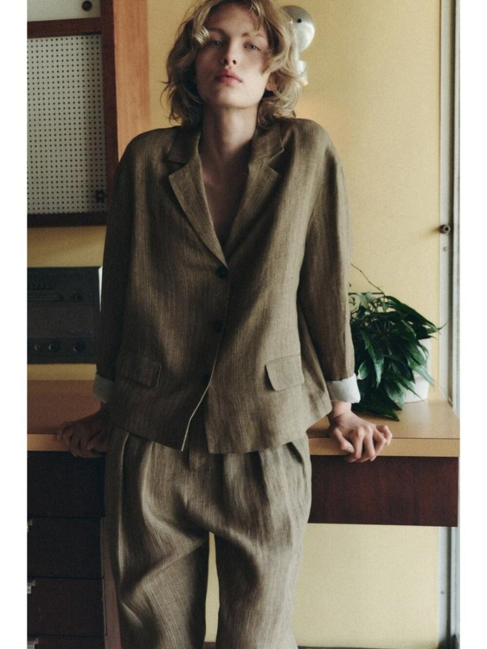 Zara Women Blazer Pinstripe Linen Blend Small Brown Contrast Cuff 2731/050 NWOT